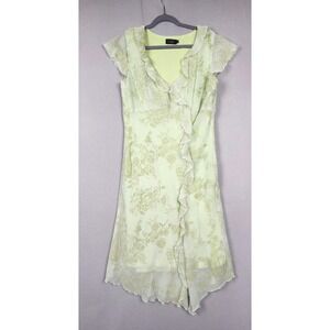 Y2K CDC Dress Womens 14 Green Floral Velvet Chiffon Overlay Cap Sleeve Asym Hem